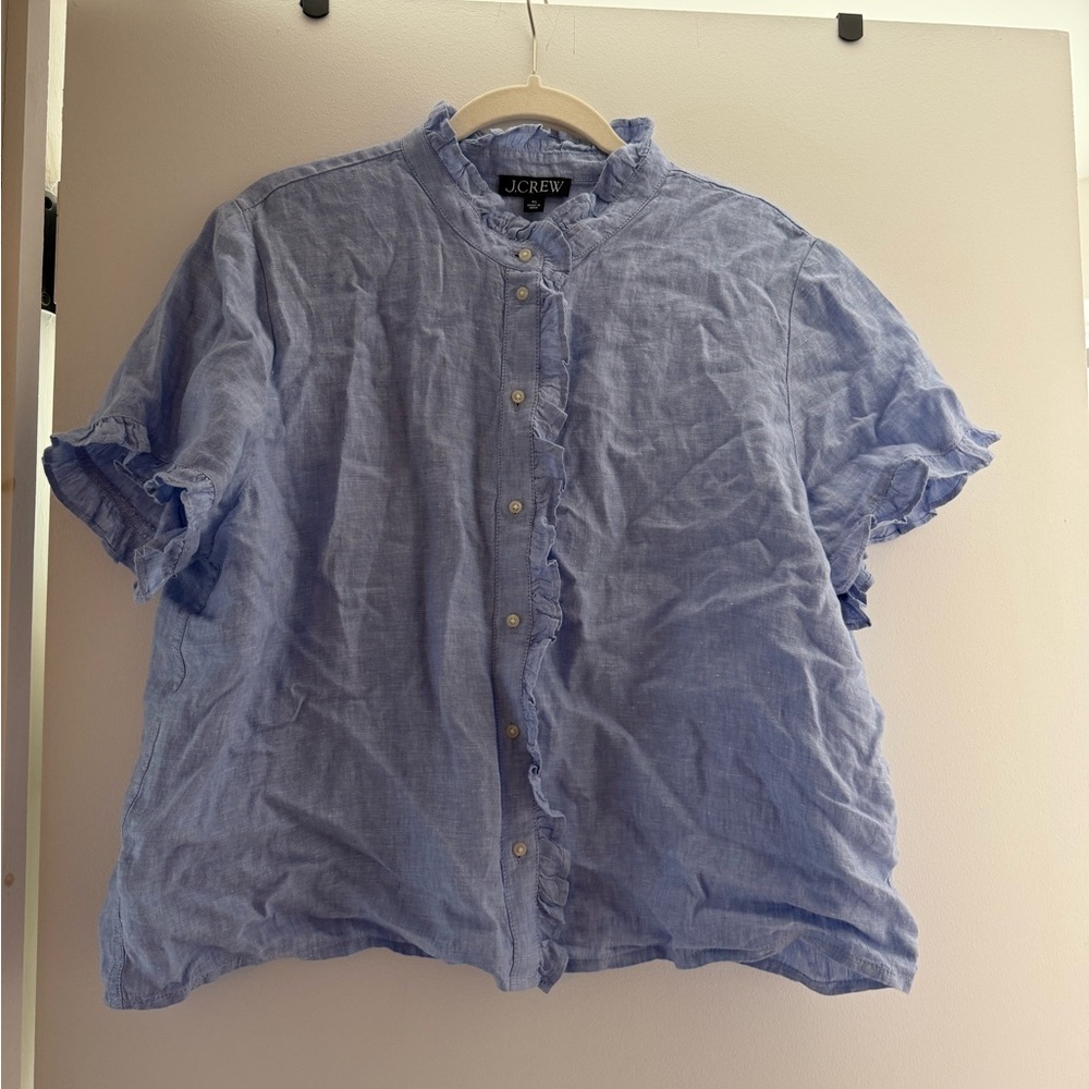 J. Crew Ruffle Trim Short Sleeve Button Up Shirt